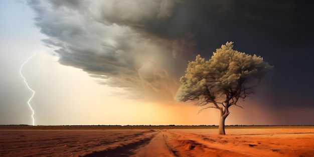 Photo the resilience and power of a lone tree facing an approaching tornado concept nature resilience power lone tree tornado