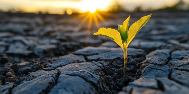 A resilient sprout grows from cracked soil symbolizing hope and renewal in a challenging environment with warm sunlight