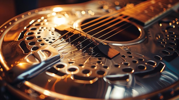 Photo resonator guitar sunlight reflecting off the polished metal