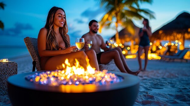 Resort fire pit on the beach with guests enjoying drinks and conversation