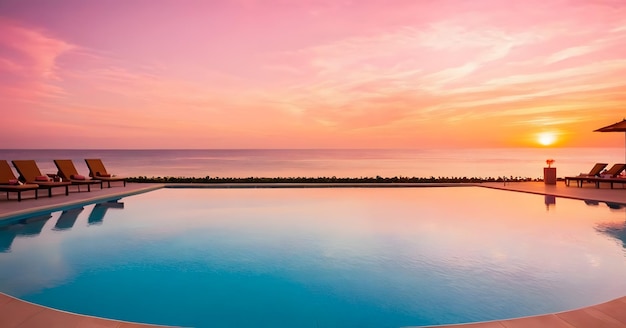 Photo resort swimming pool by the beach at sunrise