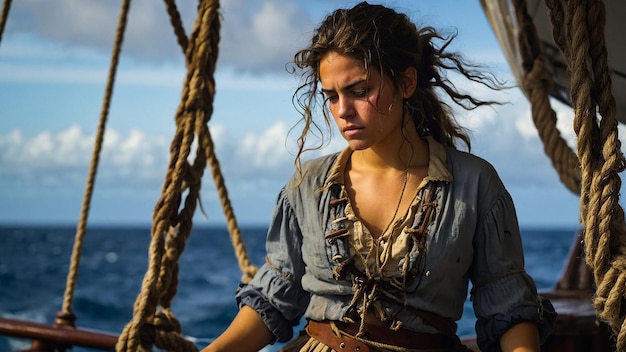 Resourceful Pirate Woman Repairing Ship After a Storm