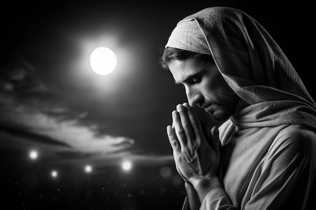 Photo respect and pray at night background black and white concept