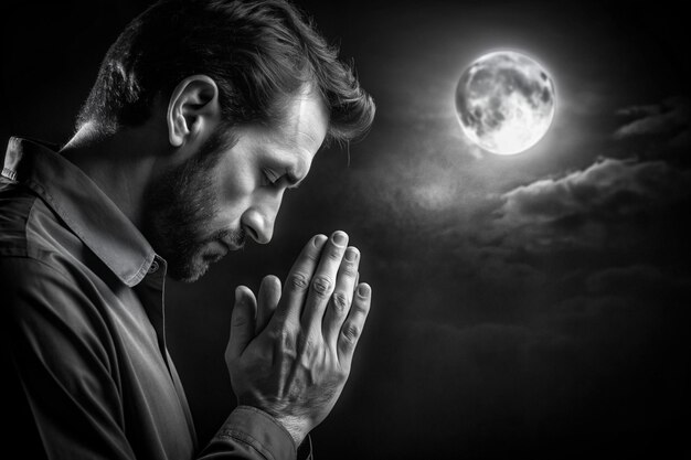 Photo respect and pray at night background black and white concept