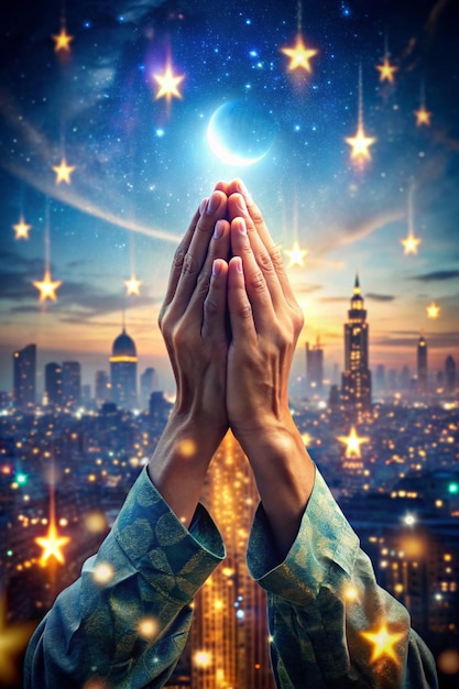 Respect and pray and stardust on city at night background