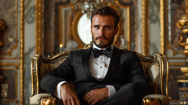 Respectable handsome man in elegant suit sitting in apartments luxurious