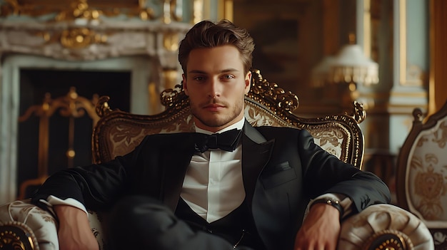 Respectable handsome man in elegant suit sitting in apartments luxurious