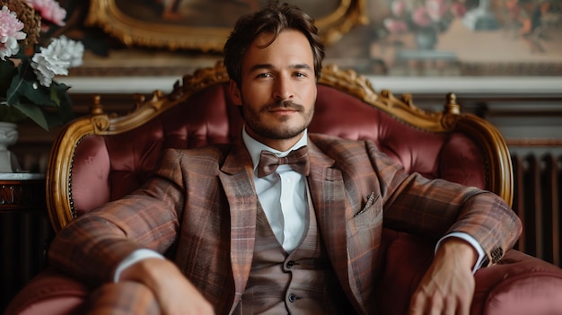 Respectable handsome man in elegant suit sitting in apartments luxurious