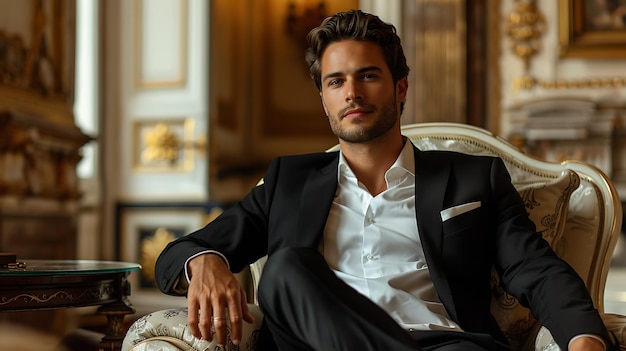 Photo respectable handsome man in elegant suit sitting in apartments luxurious