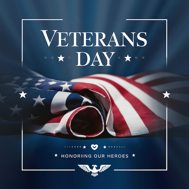 Photo respectful veterans day poster folded flag and patriotic elements for social media