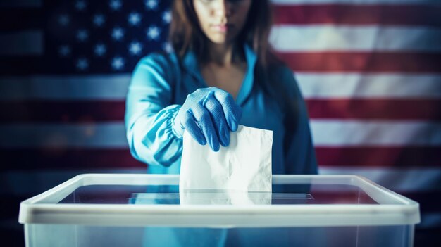 Photo responsible citizenship with an image of a woman in blue gloves placing the usa flag in a voting box