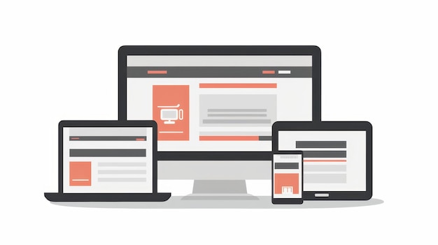 Responsive web design illustration showcasing website layout on various devices including desktop ta