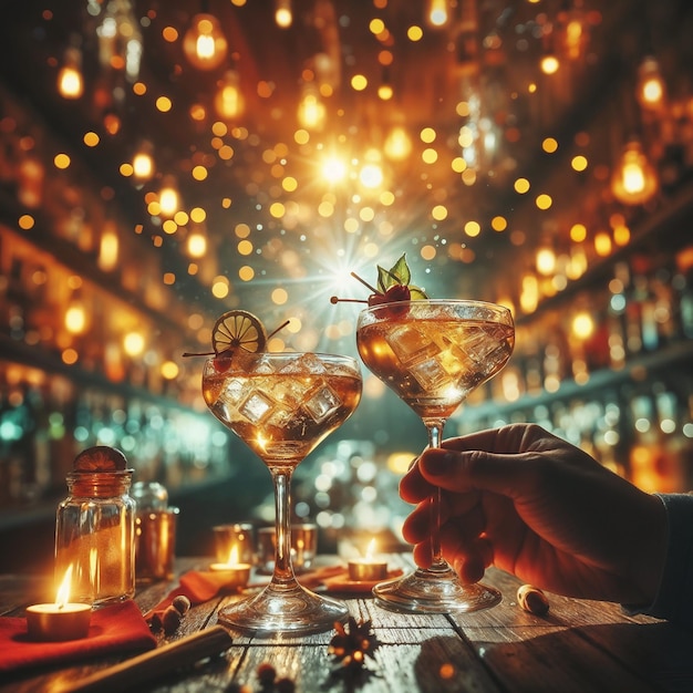 Restaurant bar with glasses reflecting golden light from the lighting creating an elegant