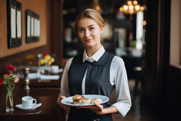 Restaurant or Cafe Female Waiter Holding