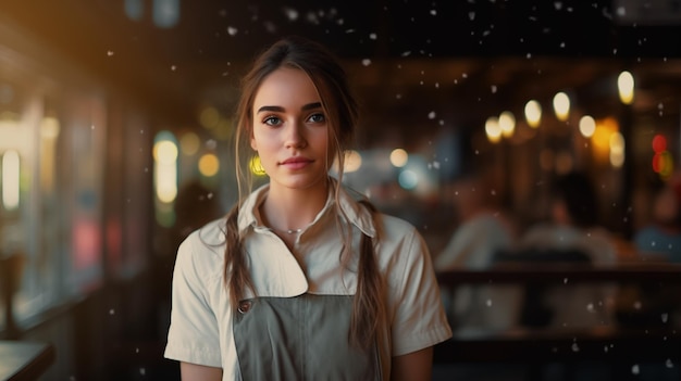 Restaurant or cafe waitress or owner stading looking to the camera and snowflakes falling around her