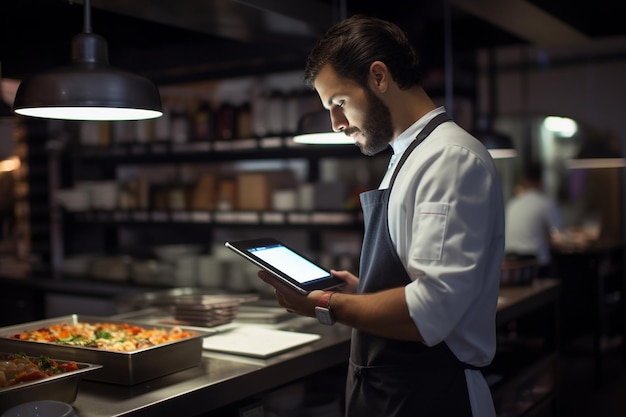 Restaurant Chef Orders Groceries with a Tablet Generative By Ai