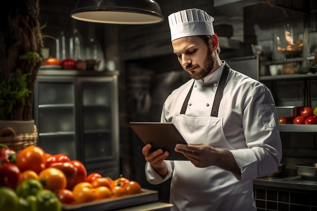 The restaurant chef places a kitchen grocery order using a tablet Generative Ai