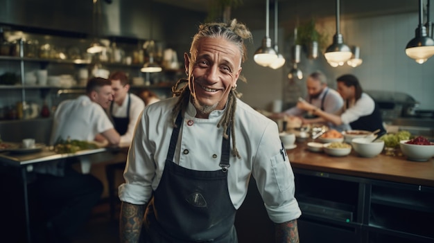 A restaurant chef with dreadlocks and tattoos stands in the kitchen The new generation of culinary