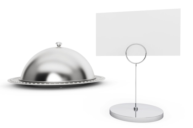 Restaurant cloche with blank calling card on a white background