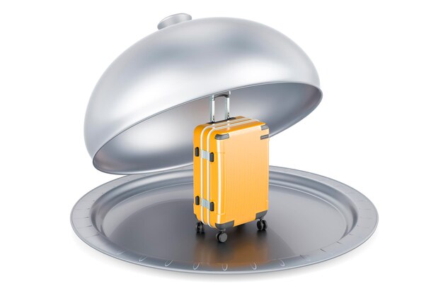 Restaurant cloche with Hardside Luggage 3D rendering isolated on white background