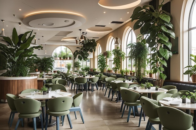 Restaurant hall with round and square tables some chairs and plants