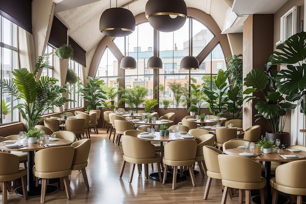 Restaurant hall with round and square tables some chairs and plants