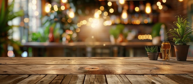 Restaurant interior background with blurred abstract details and a vacant wooden table mockup