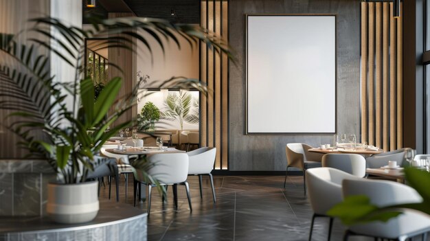 Restaurant Interior with Blank Canvas and White Chairs