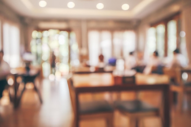 Restaurant interior with customer and wood table blur abstract background with bokeh light