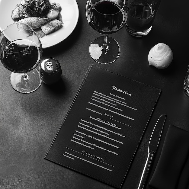 Restaurant menu mockup Black and white photo of a restaurant menu on a table