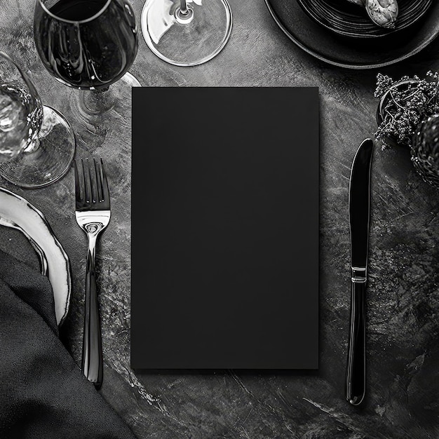 Restaurant menu mockup Empty black plate cutlery and wine glasses on black background