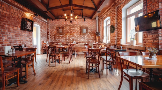 Restaurant roomy hall with wooden furniture and walls of red bricks generative ai