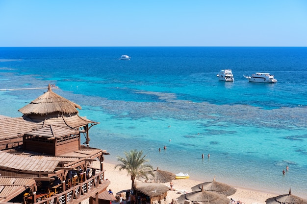 Restaurant on the sea shore with coral and fish underwater, split view above and below water surface