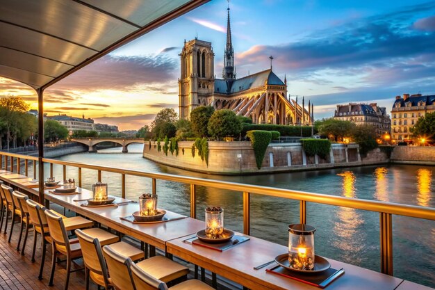 Restaurant on Seine Restaurant on a boat on river Seine with the view of Notre Dame de Paris Cathedral in Paris France