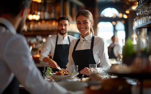 Photo restaurant staff in matching uniforms serving dinner