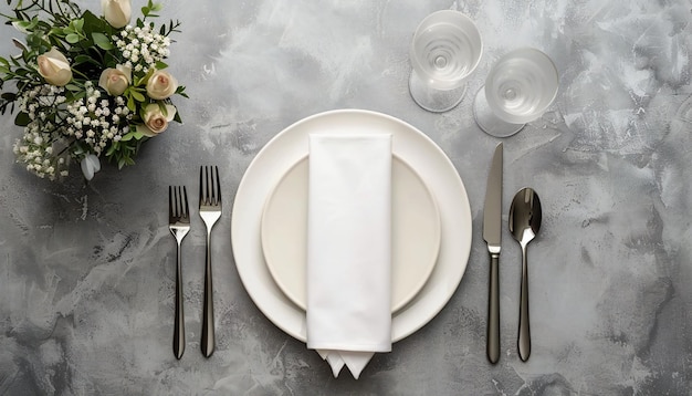 Restaurant table setting mockup empty plate cutlery napkin on gray table top view