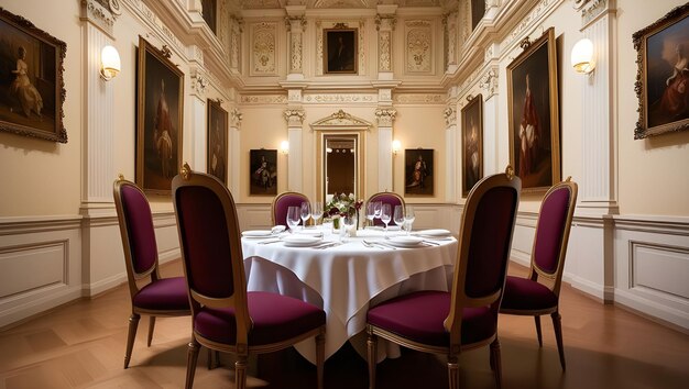 Photo restaurant table with wooden chairs placed in hall decorated in classical style