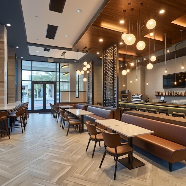 a restaurant with a bar and lights on the ceiling