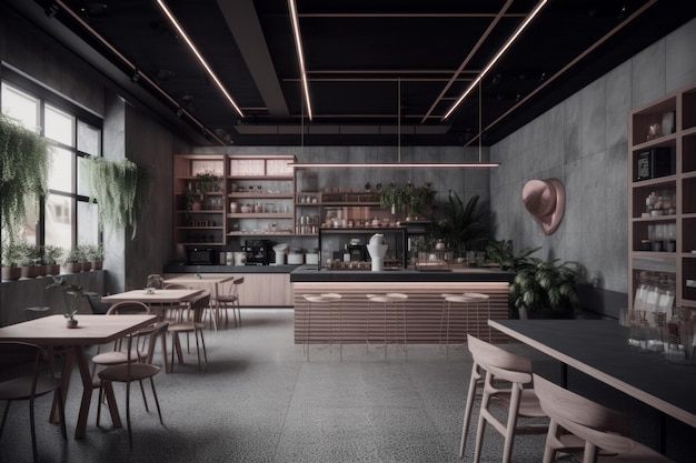 A restaurant with a black ceiling and a large table with a bunch of green plants on it.