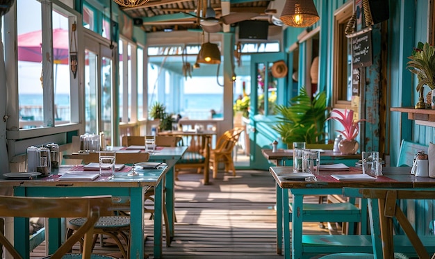 a restaurant with a blue table and chairs with a glass of water on it