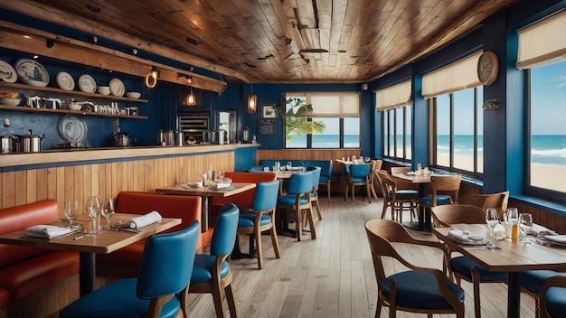 a restaurant with a blue wall and tables and chairs