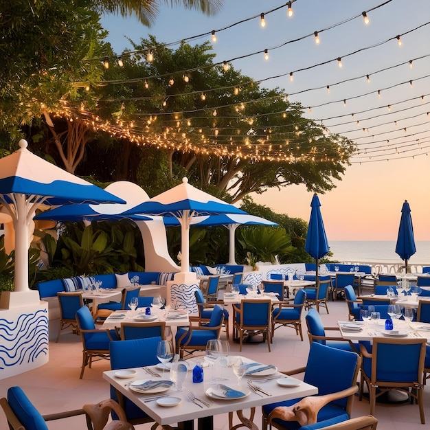 a restaurant with blue and white umbrellas and tables with blue and white umbrellas