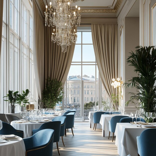 Photo a restaurant with a chandelier and a table with chairs and tables with tables and chairs