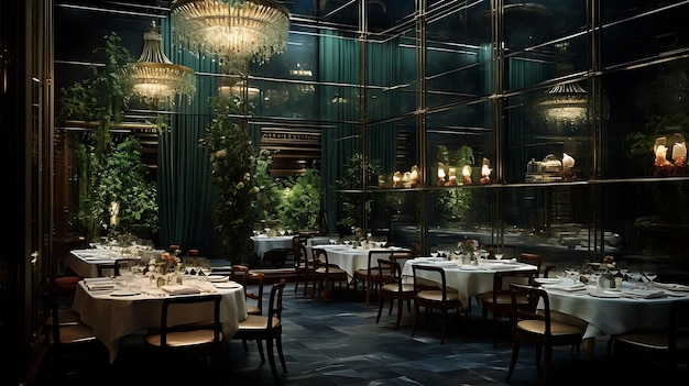 Photo a restaurant with a chandelier and tables with chairs and tables with plants