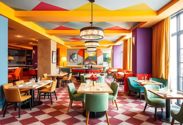 Photo a restaurant with a colorful ceiling and a chandelier hanging from the ceiling