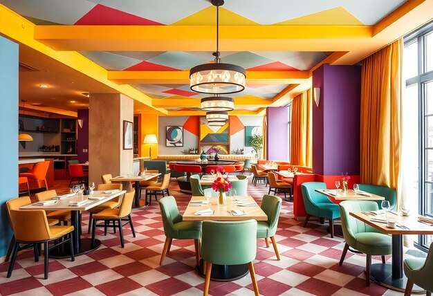 Photo a restaurant with a colorful ceiling and a chandelier hanging from the ceiling