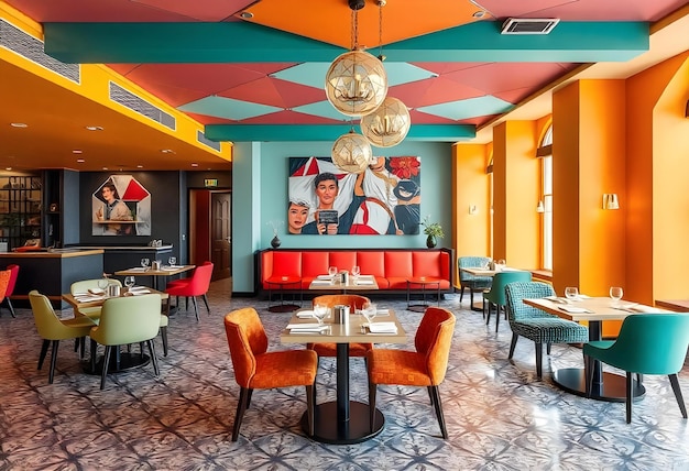 Photo a restaurant with a colorful ceiling and colorful chairs