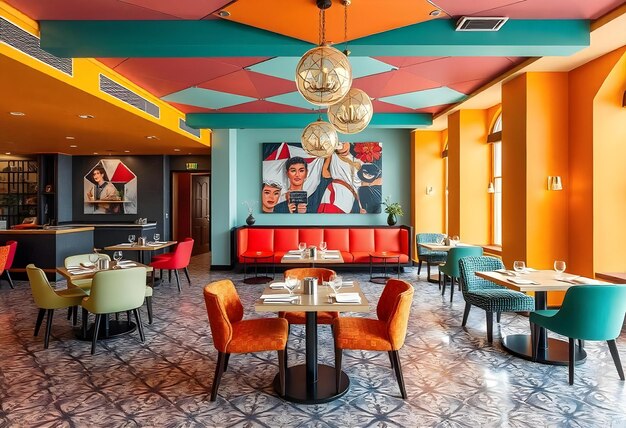 Photo a restaurant with a colorful ceiling and colorful chairs