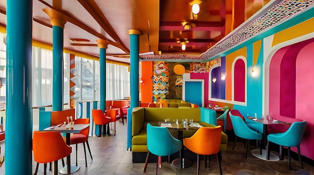 a restaurant with colorful chairs and a colorful wallpaper