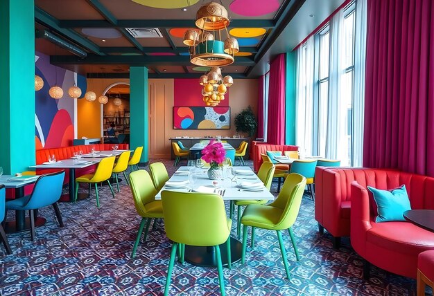 Photo a restaurant with colorful chairs and tables with balloons on the ceiling